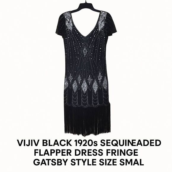 Vijiv Black 1920s Sequin Beaded Flapper Dress Fringe Gatsby Style Size Small - Picture 1 of 9